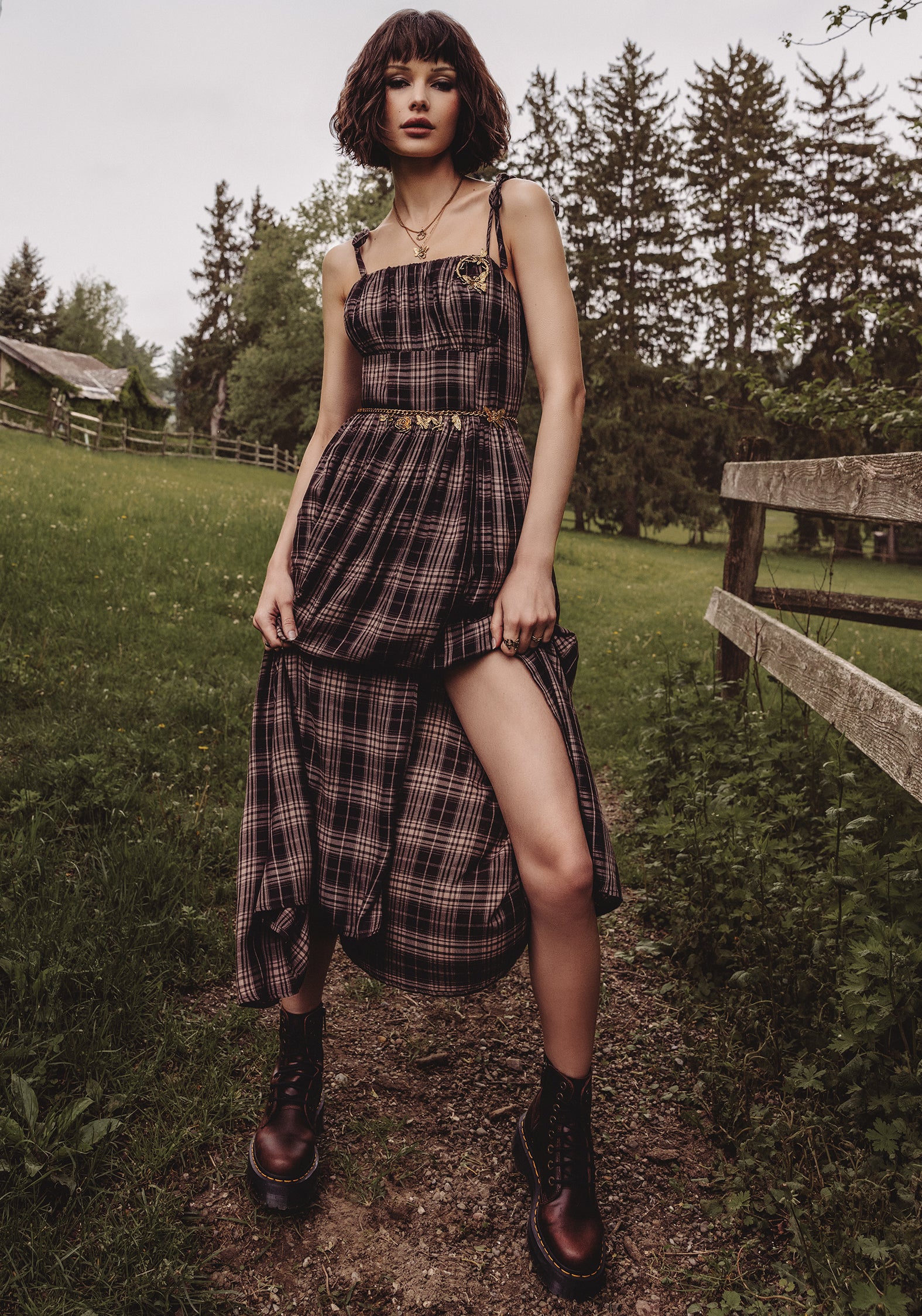 Adra Check Cami Tie Strap Midi Dress