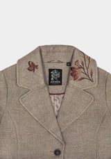 Valeria Floral Moth Embroidered Herringbone Longline Coat