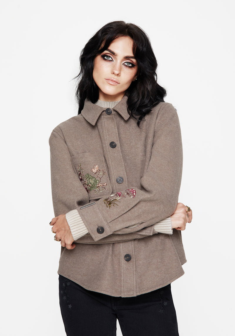 Cordelia Floral Frog Embroidered Pocket Front Shacket