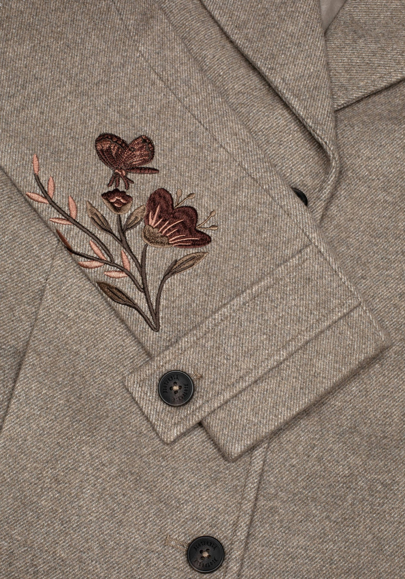 Valeria Floral Moth Embroidered Herringbone Longline Coat