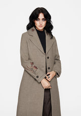 Valeria Floral Moth Embroidered Herringbone Longline Coat