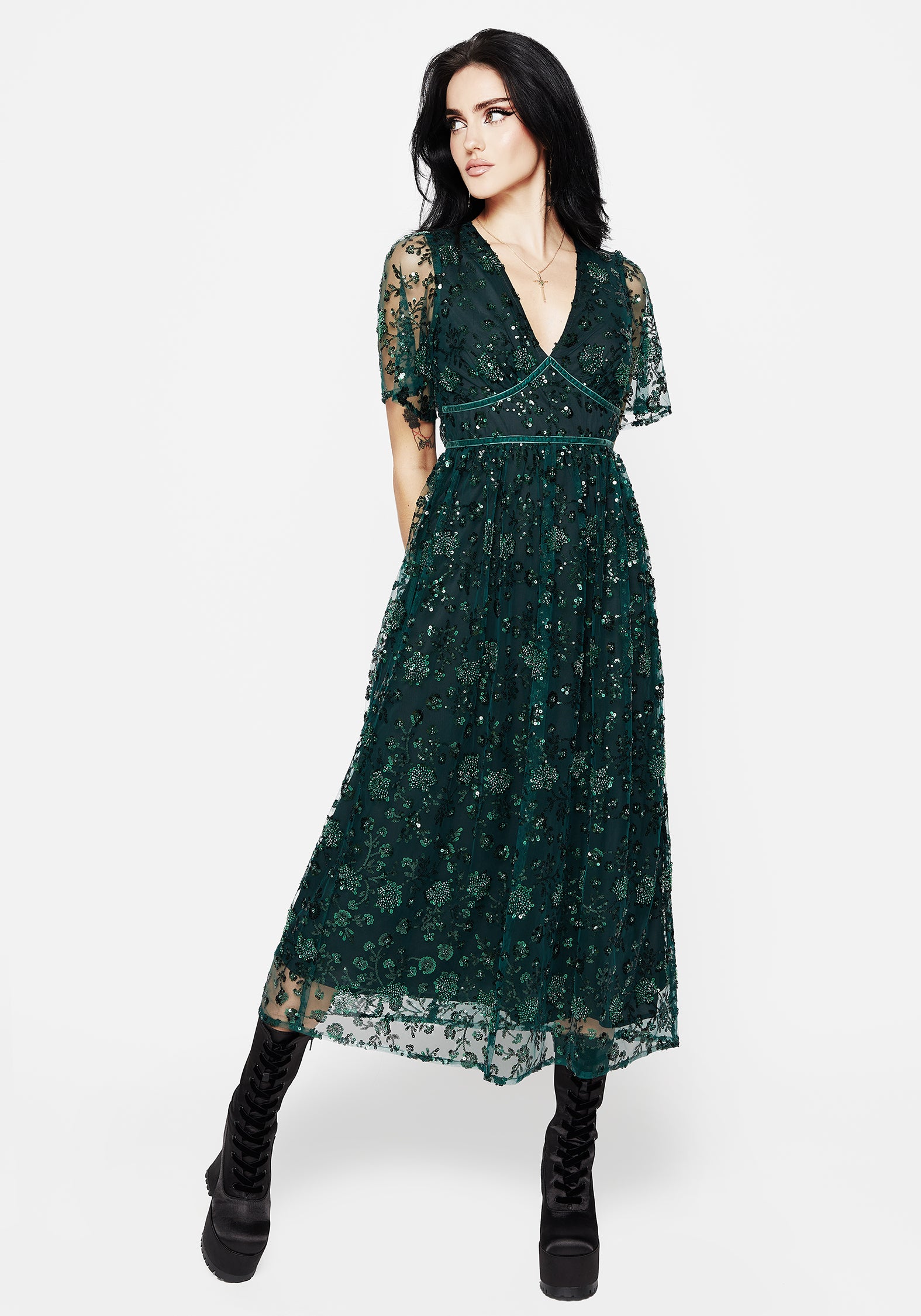 Disturbia | Glimmer Embroidered Sequin Lace Angel Sleeve Midaxi