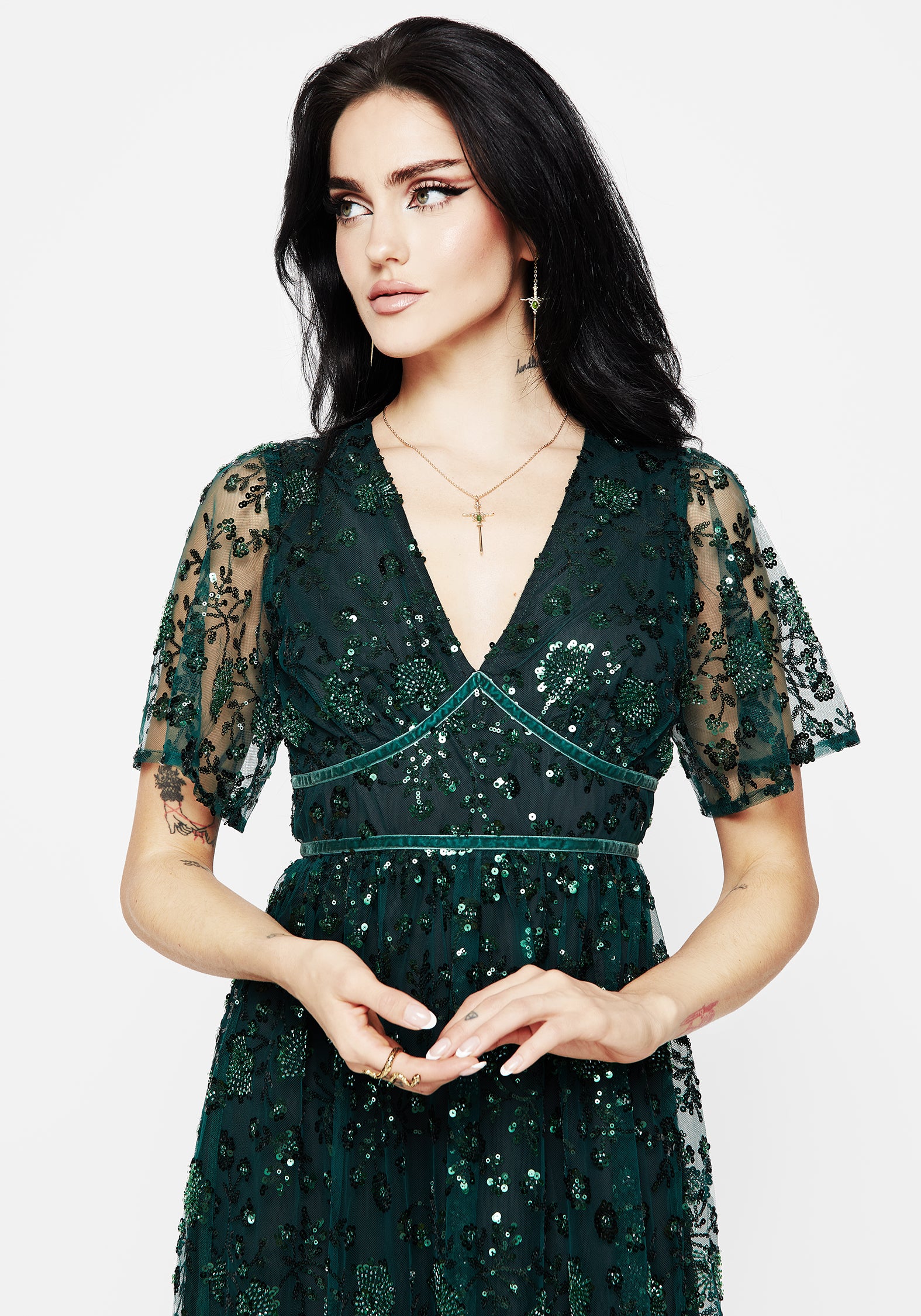 Disturbia | Glimmer Embroidered Sequin Lace Angel Sleeve Midaxi