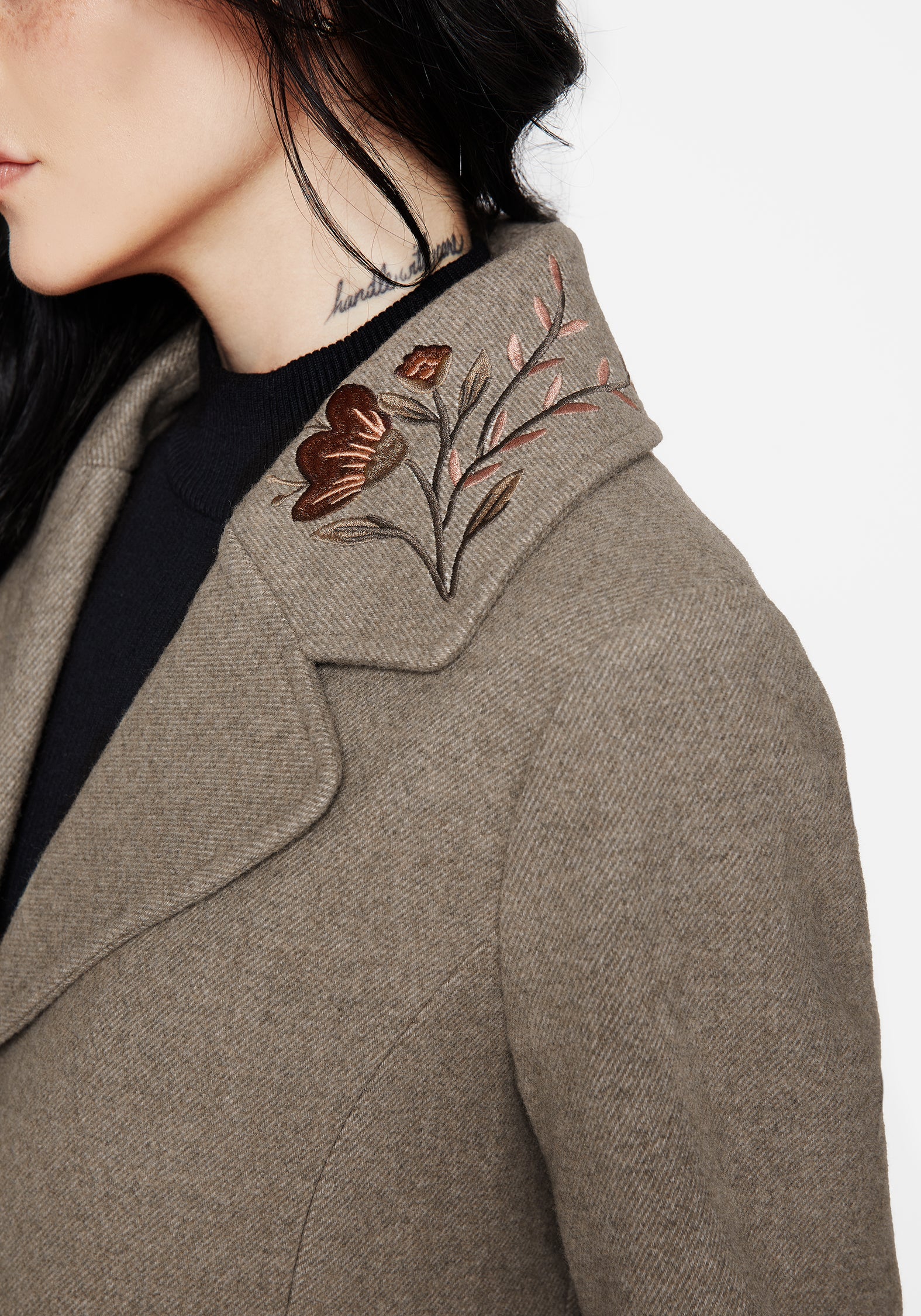 Valeria Floral Moth Embroidered Herringbone Longline Coat