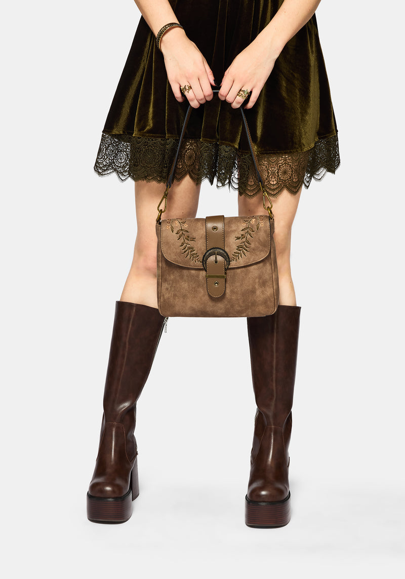 Physis Faux Suede Fern Embroidered Shoulder Bag