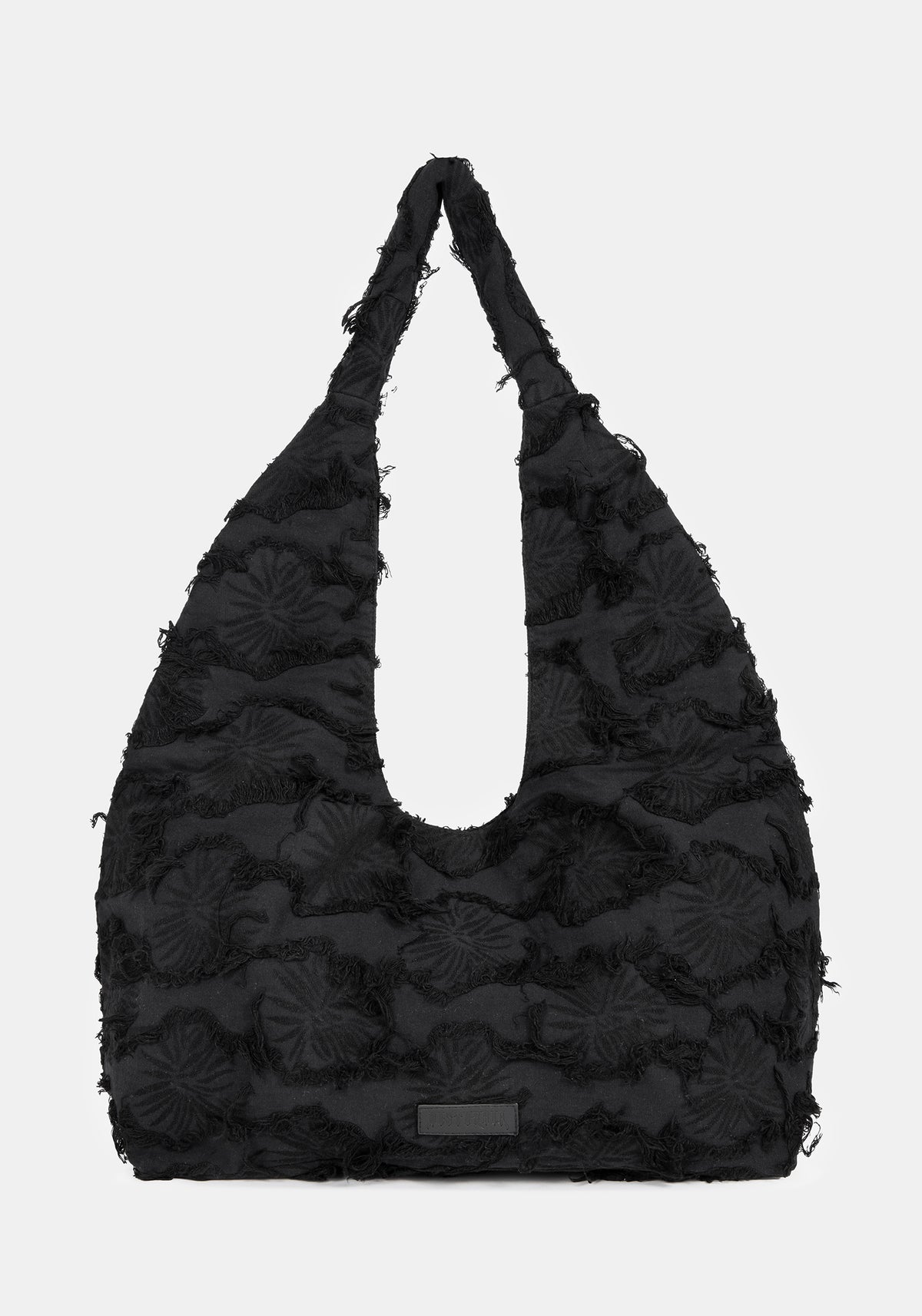 Black textured handbag on a white background