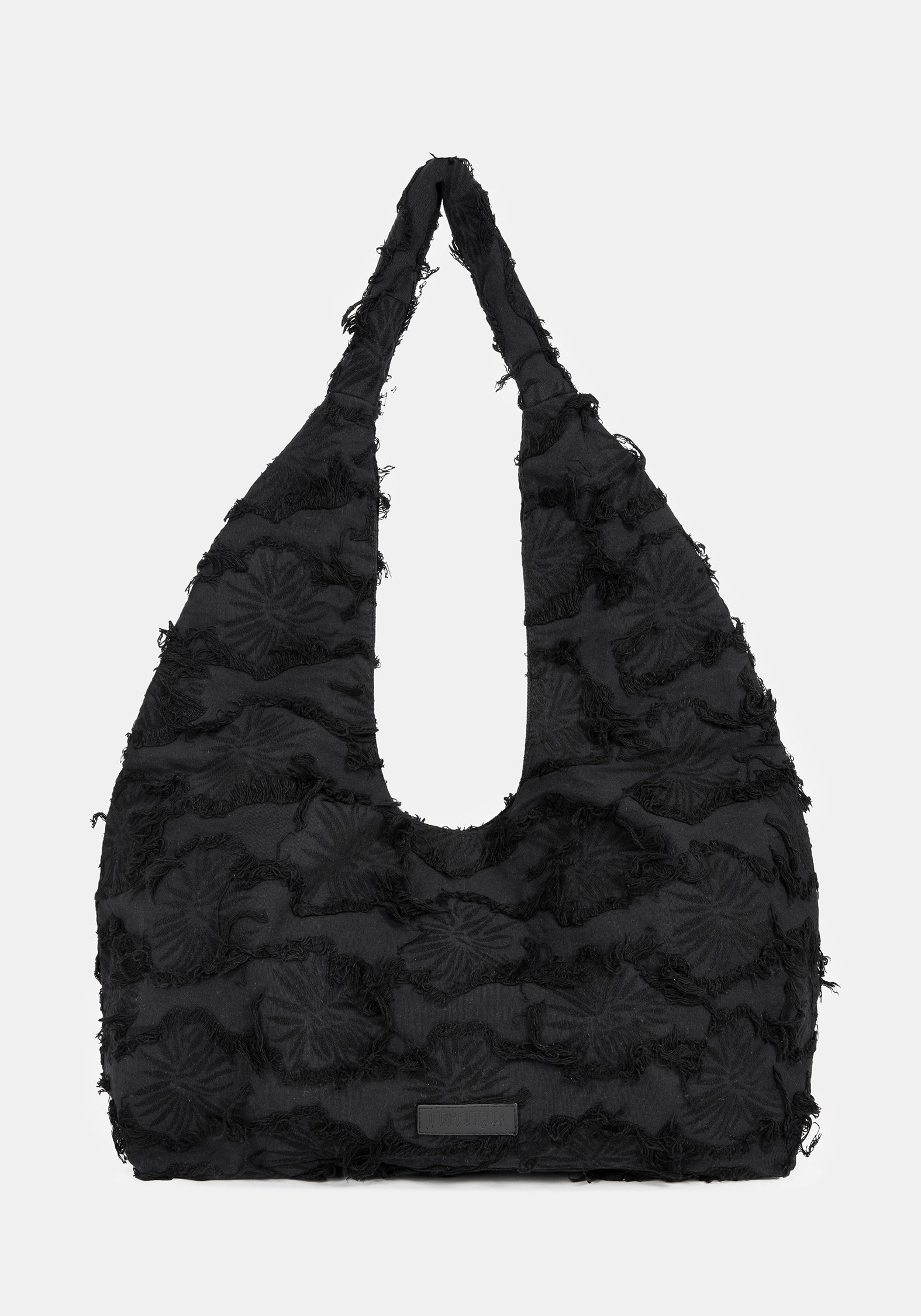 Black textured handbag on a white background
