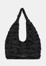 Black textured handbag on a white background