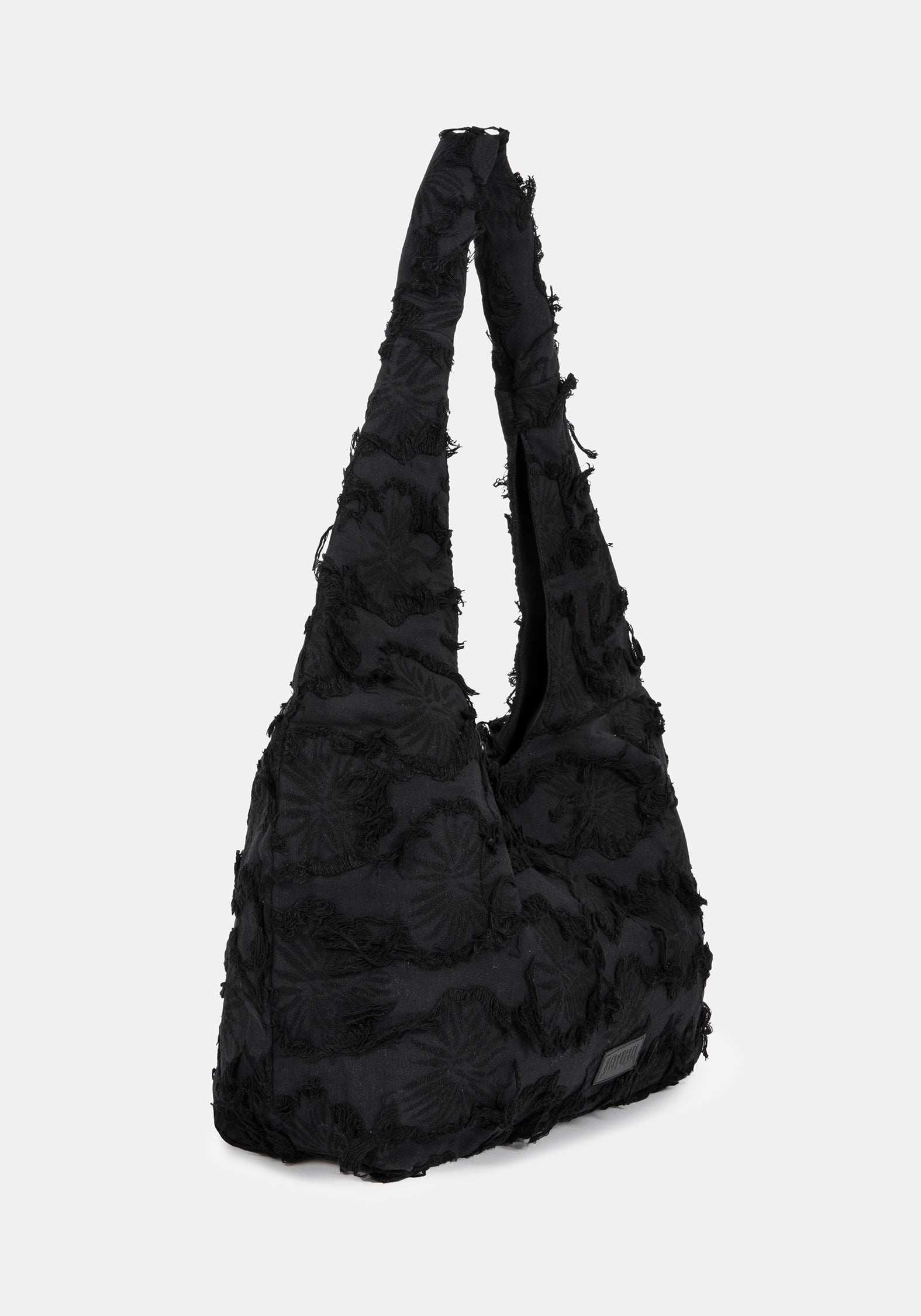 Black textured handbag on a white background