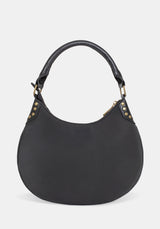 Black handbag with gold accents on a white background