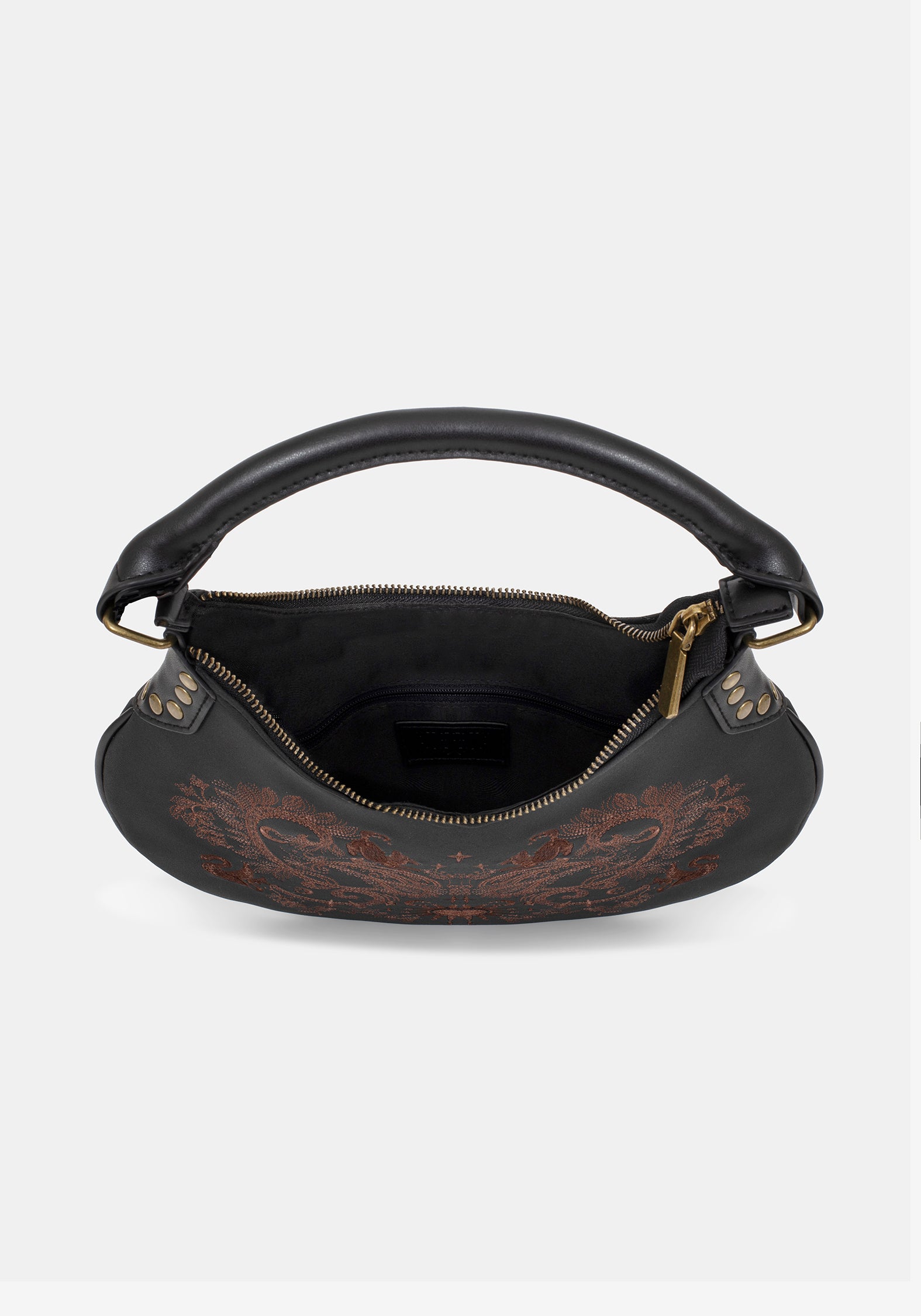 Black handbag with embroidered patterns on a white background