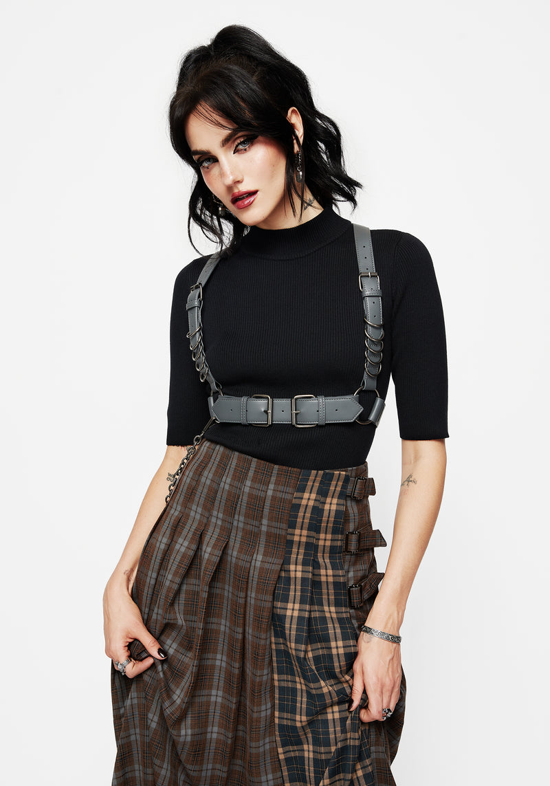 Raven Pleated Check Buckle Detail Maxi Skirt
