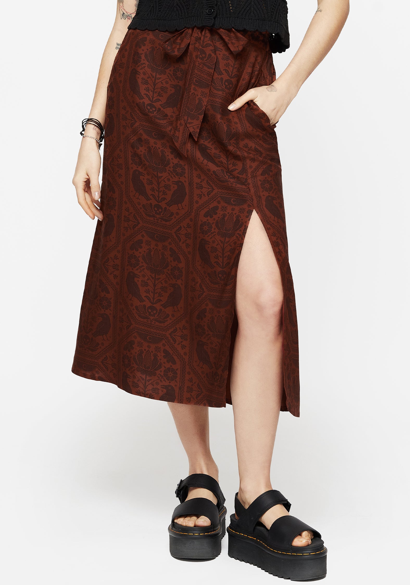 Annabel Raven Print Split Front Midi Skirt - Rust – Disturbia