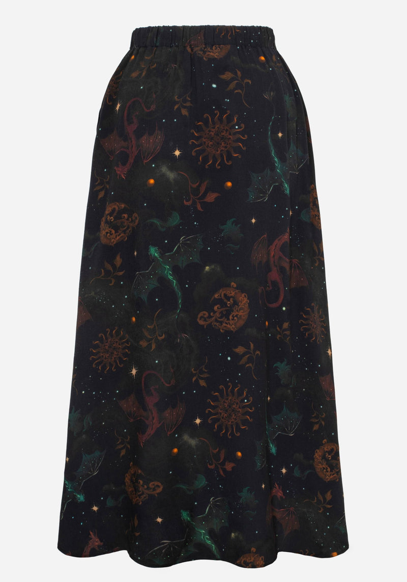 Phoenix Dragon Printed Pleated Midi Skirt