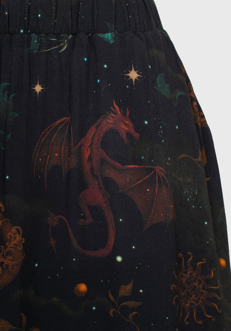 Phoenix Dragon Printed Pleated Midi Skirt