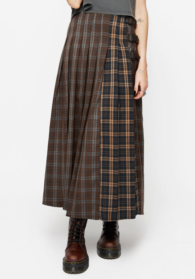 Raven Pleated Check Buckle Detail Maxi Skirt