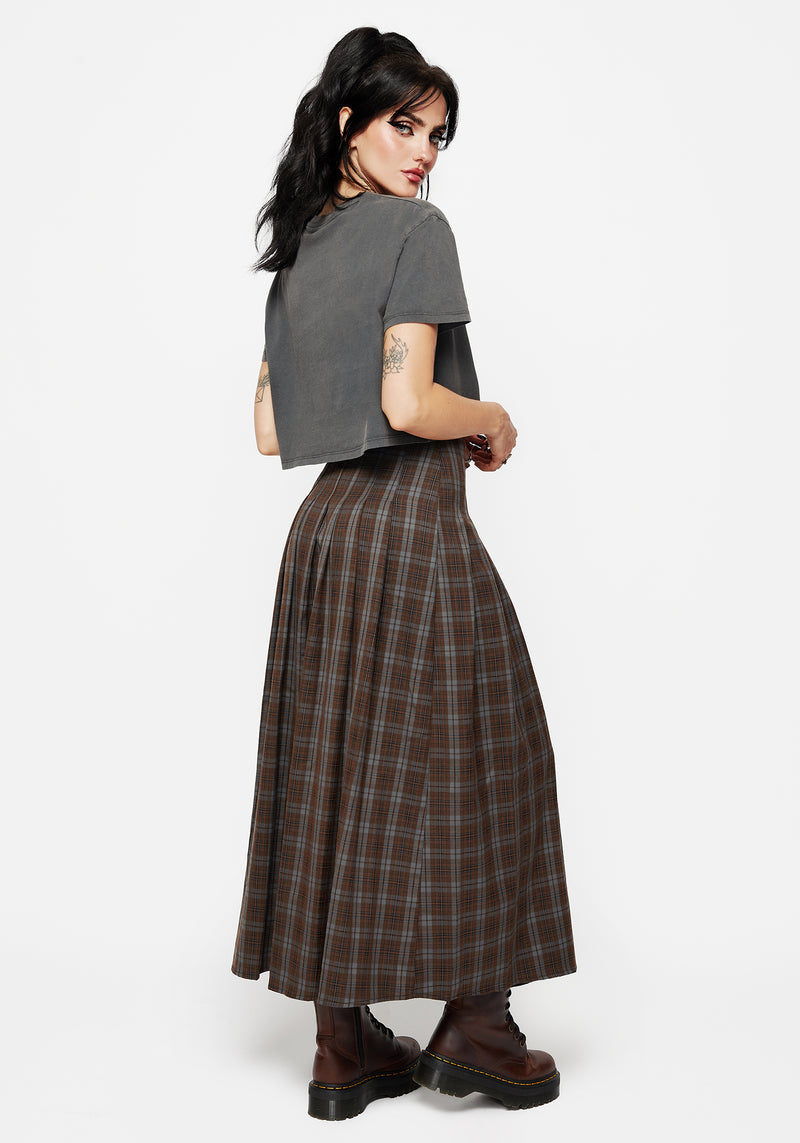 Raven Pleated Check Buckle Detail Maxi Skirt