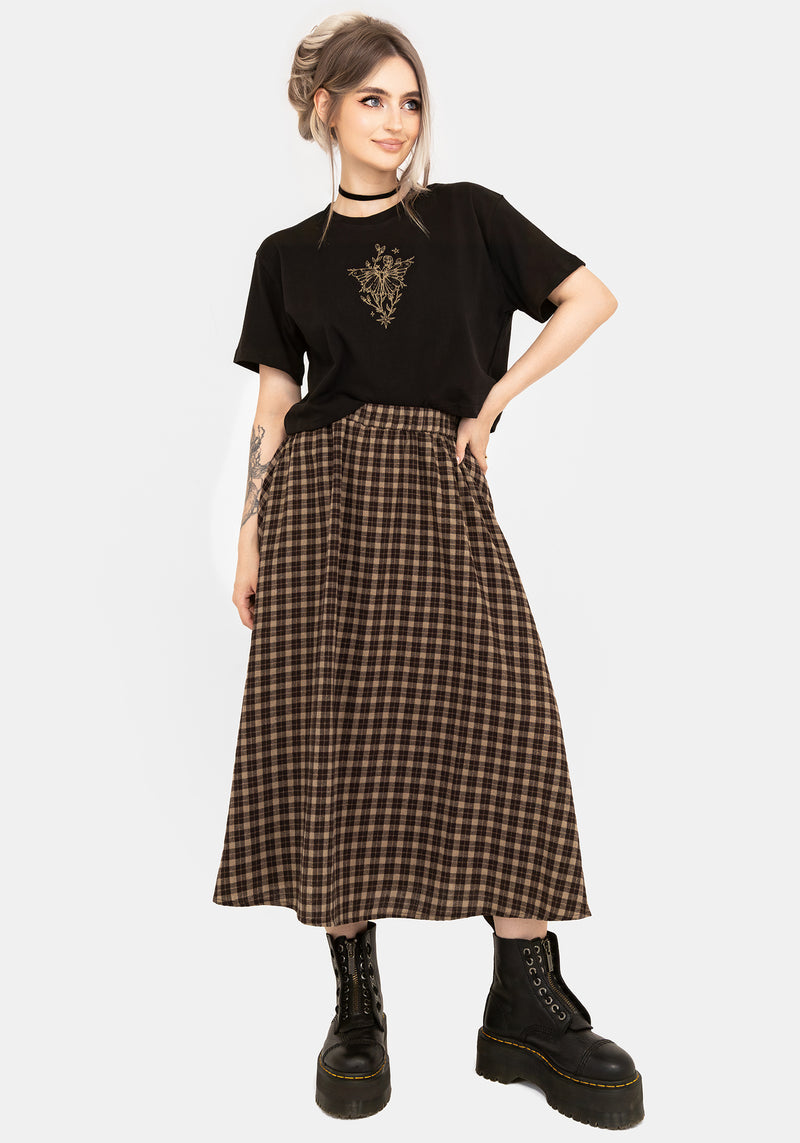 Terra Cotton Check Midi Skirt - Brown