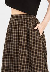 Terra Cotton Check Midi Skirt - Brown