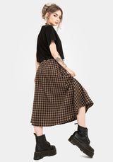 Terra Cotton Check Midi Skirt - Brown