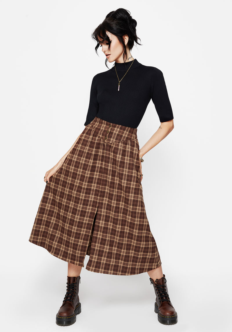 Milo Check Button Down Front Split Midi Skirt