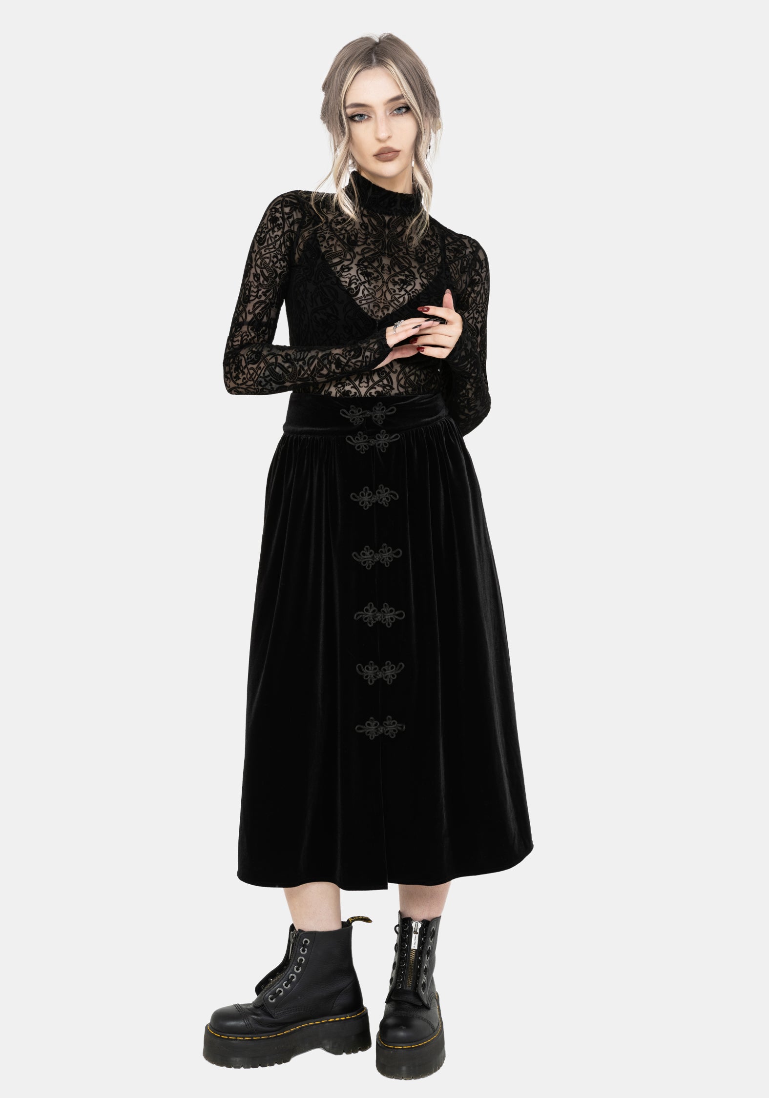 Nova Velour Frog Closure Midi Skirt