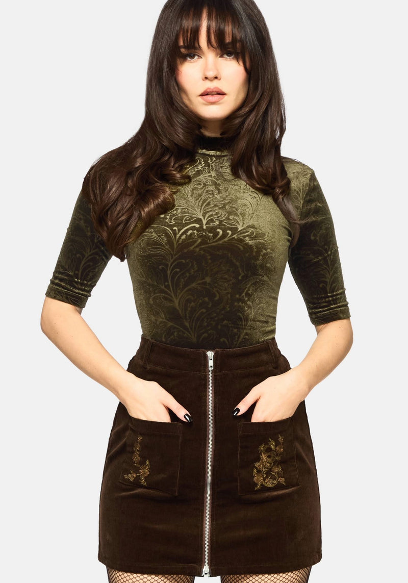 Darkling Cotton Embroidered Pocket Detail Cord Mini Skirt