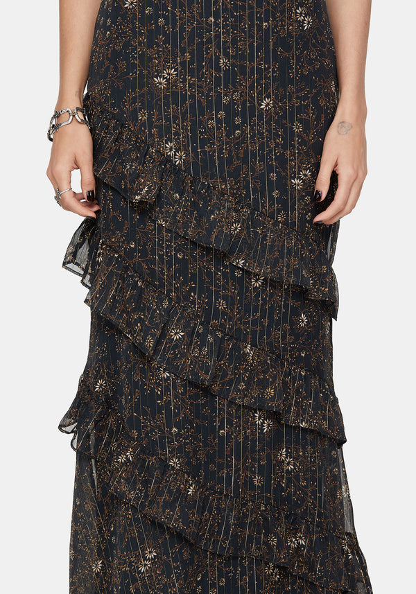 Astralis Floral Stripe Asymmetric Ruffle Tiered Maxi Skirt