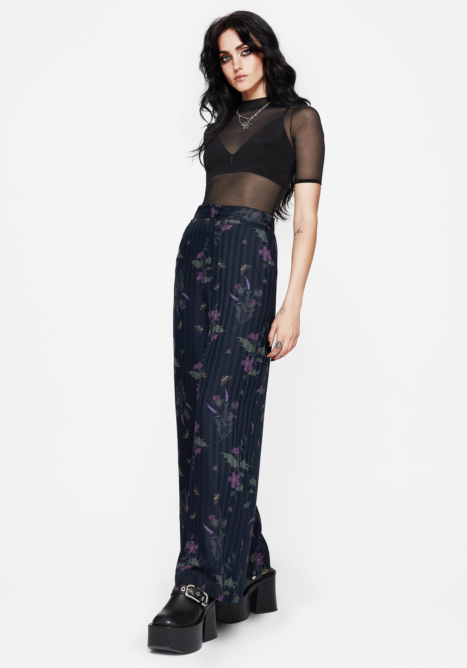 Cassandra Satin Stripe Thistle Print Trouser