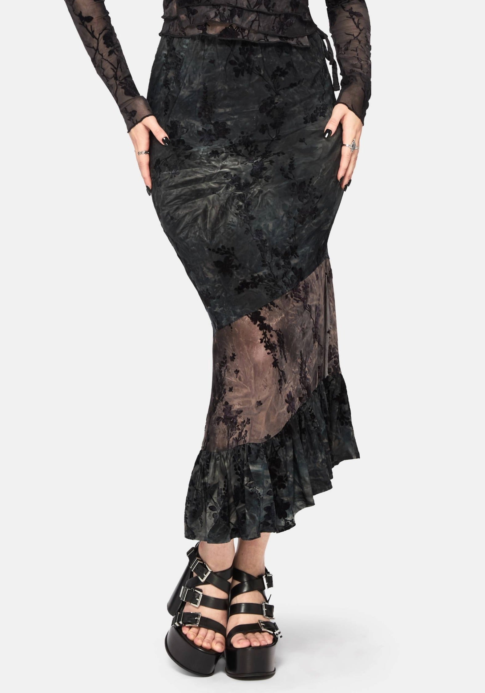 Maeira Tiered Grey Flocked Midaxi Skirt