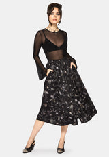 Crimson Magpie and Moth Print Button Up Midi Skirt