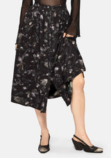 Crimson Magpie and Moth Print Button Up Midi Skirt