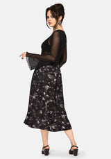 Crimson Magpie and Moth Print Button Up Midi Skirt