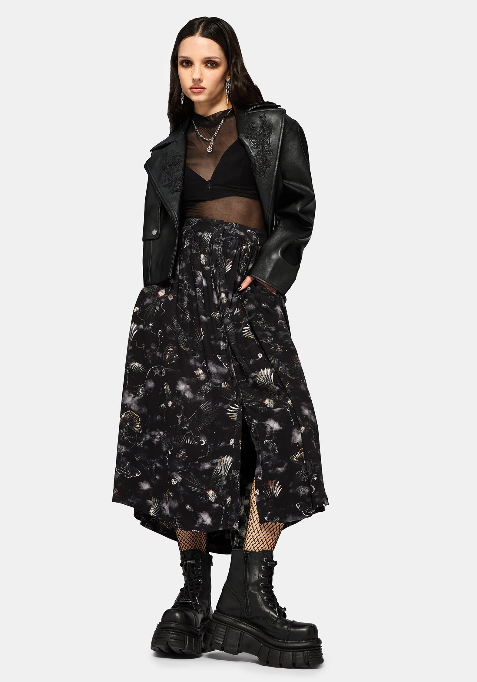 Crimson Magpie and Moth Print Button Up Midi Skirt