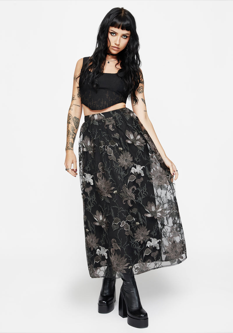 Estrid Embroidered Mesh Midaxi Skirt - Silver