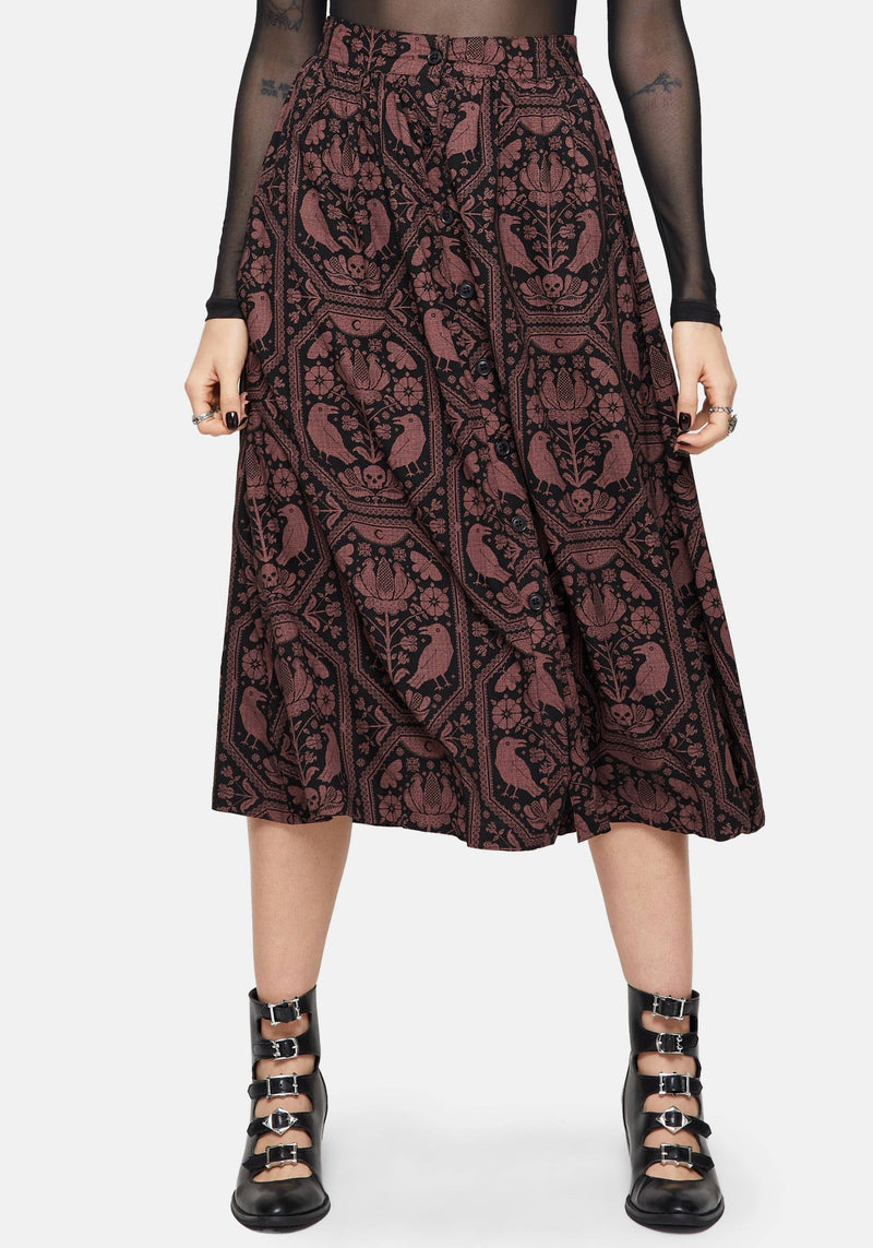 Annabel Inverted Raven Print Button Down Midi Skirt