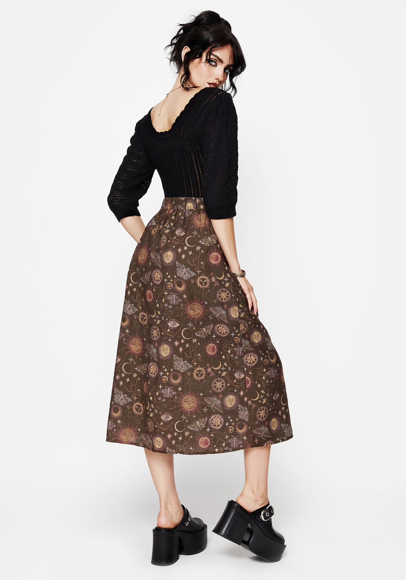 Rhea Cotton Blend Moth and Moon Print Midaxi Skirt