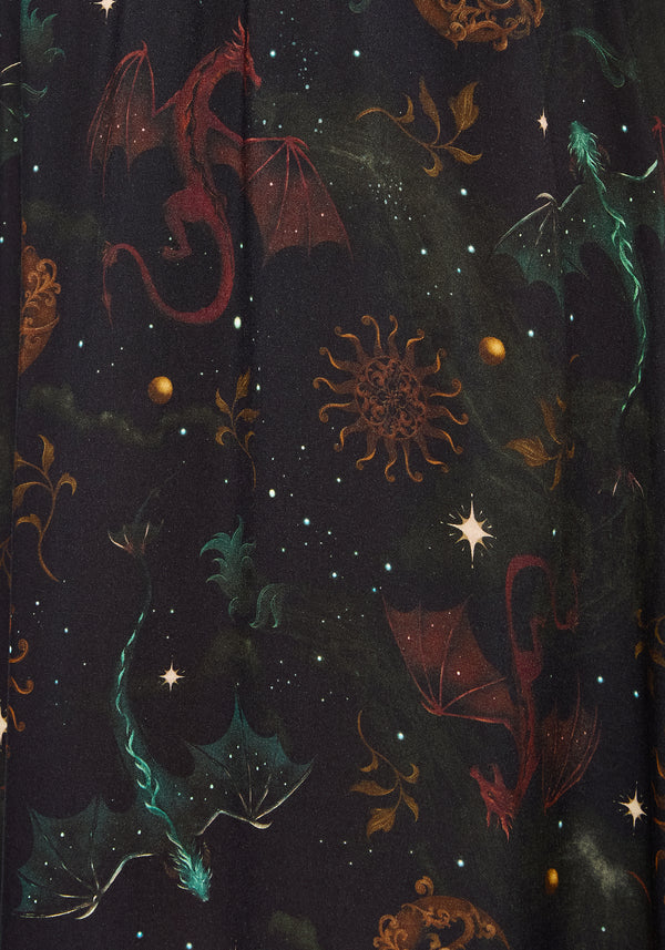 Phoenix Dragon Printed Pleated Midi Skirt