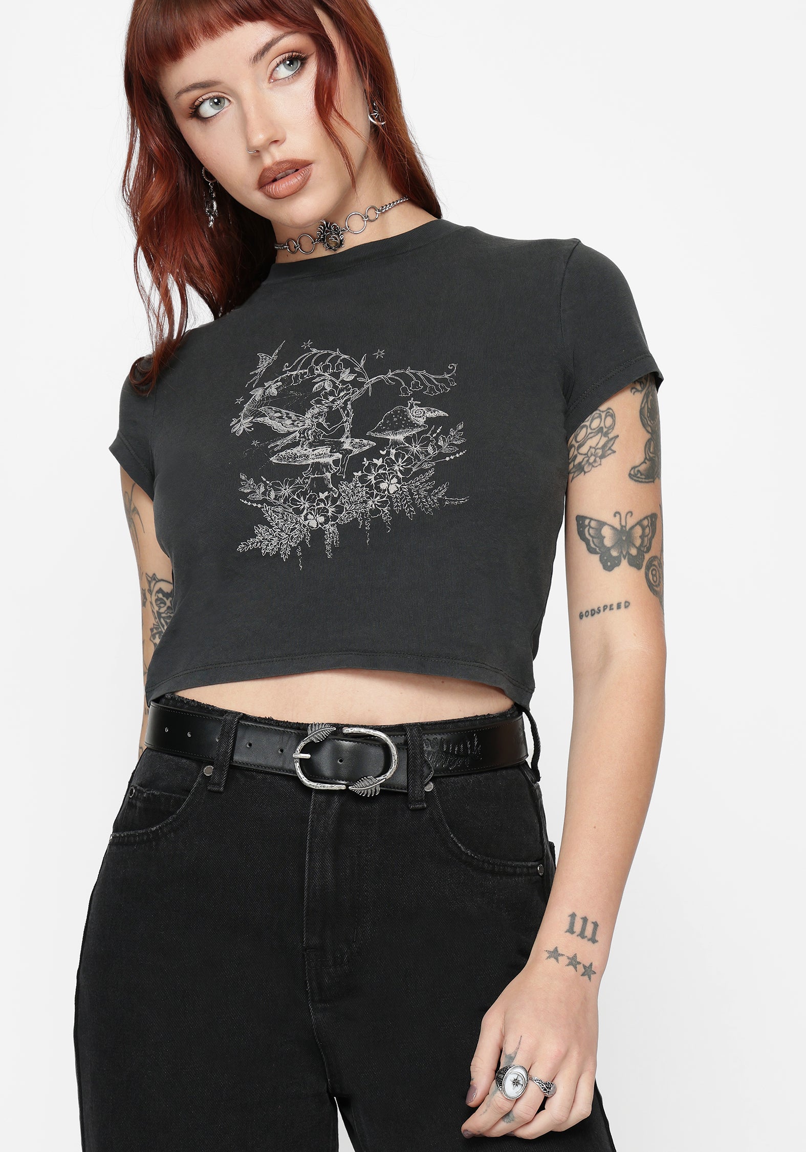Maypole Fairy Print Crop T-Shirt - Black
