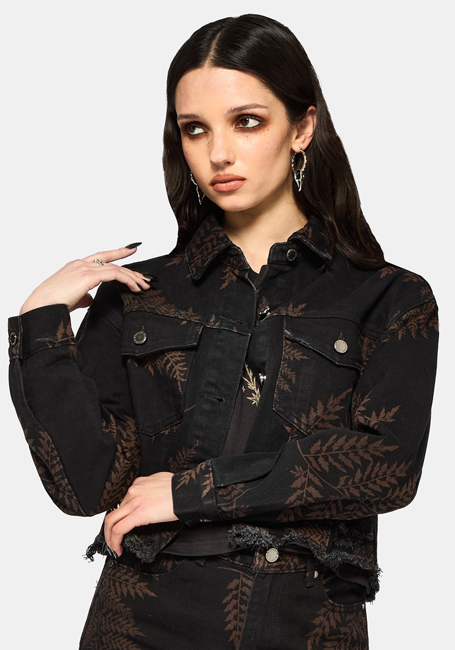 Ruin Fern Printed Distressed Denim Jacket