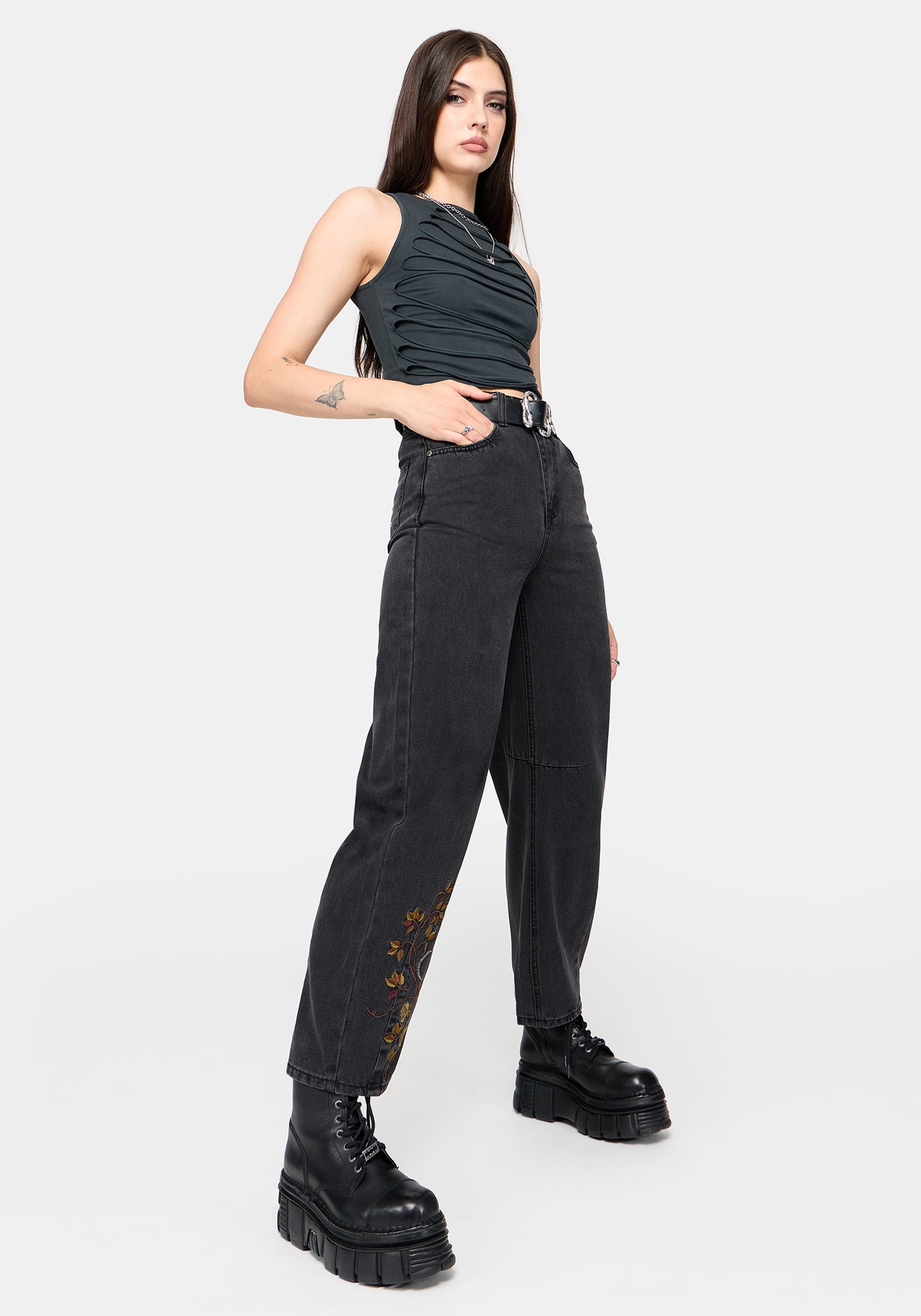 Maleah Embroidered Denim Barrel Jeans