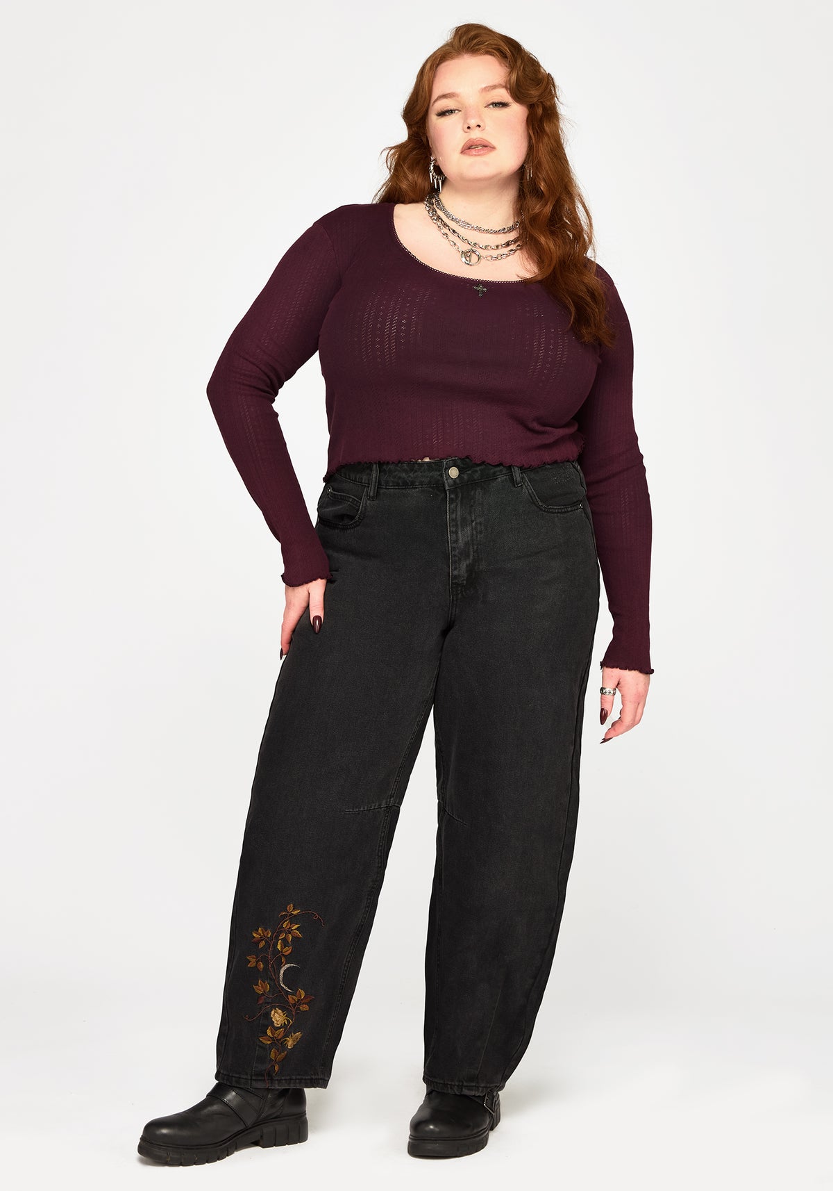 Maleah Embroidered Denim Barrel Jeans