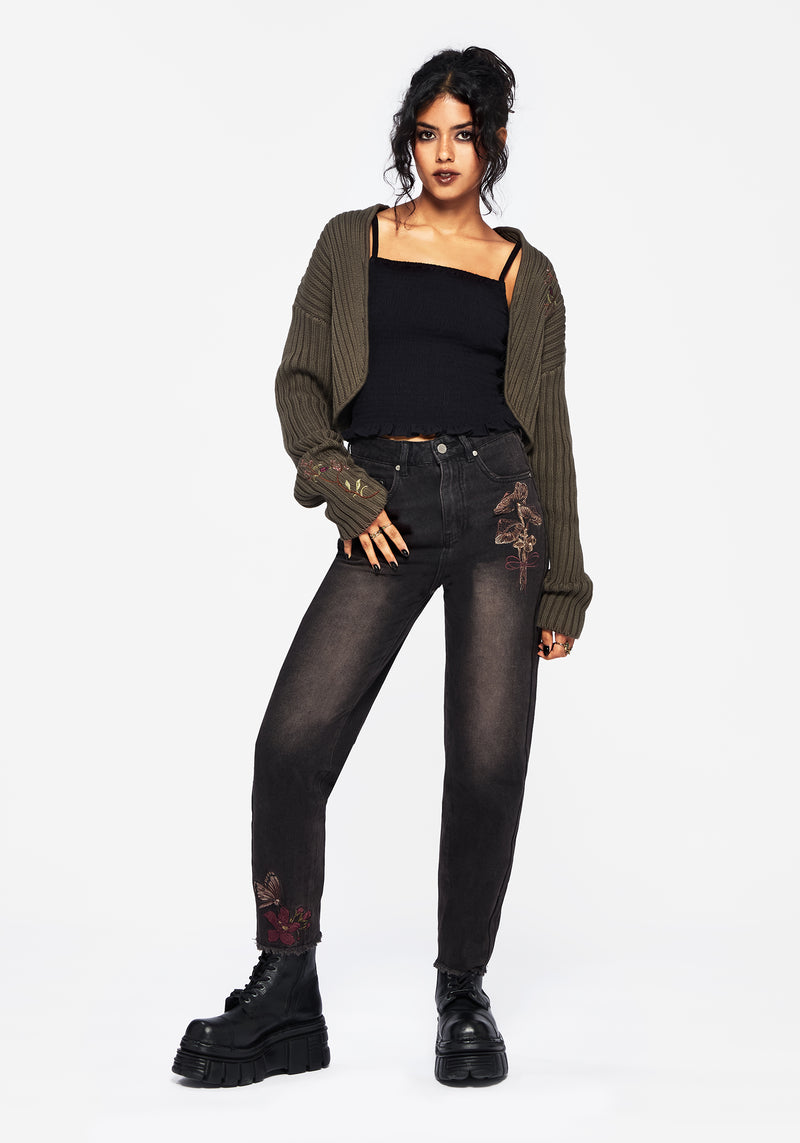 Valeria Floral Moth Embroidered Mom Jeans