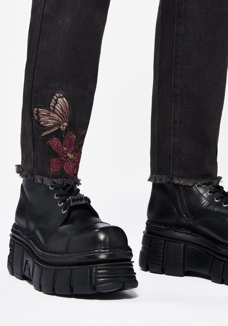 Valeria Floral Moth Embroidered Mom Jeans