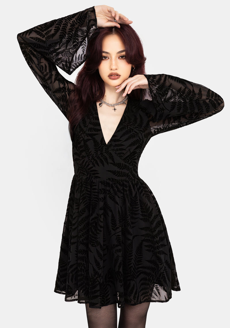 Lunafern Fern Leaf Flocked Mesh Flute Sleeve Mini Dress