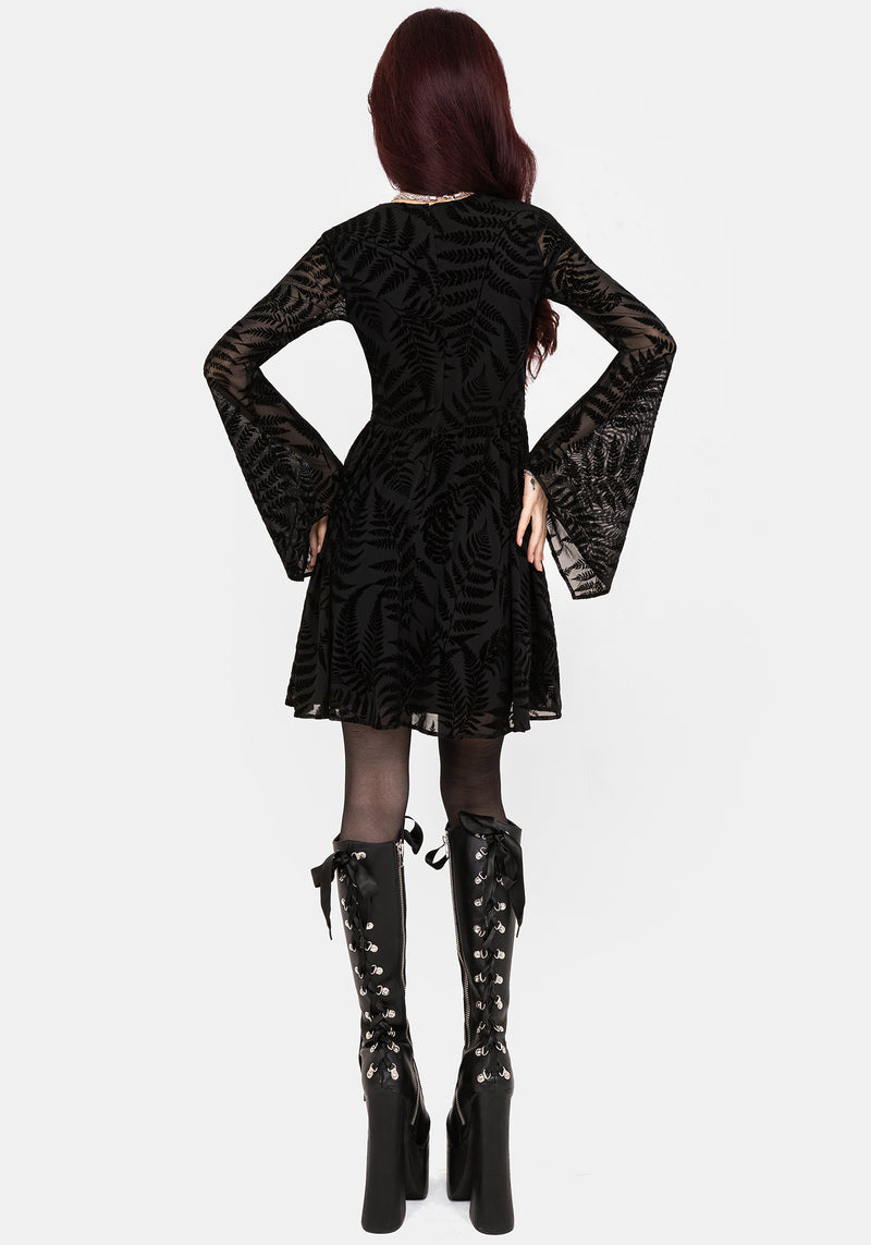 Lunafern Fern Leaf Flocked Mesh Flute Sleeve Mini Dress