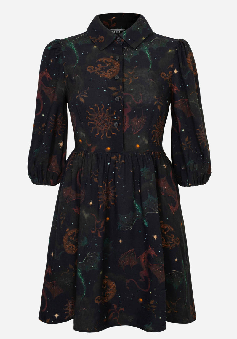 Phoenix Dragon Printed Mini Shirt Dress