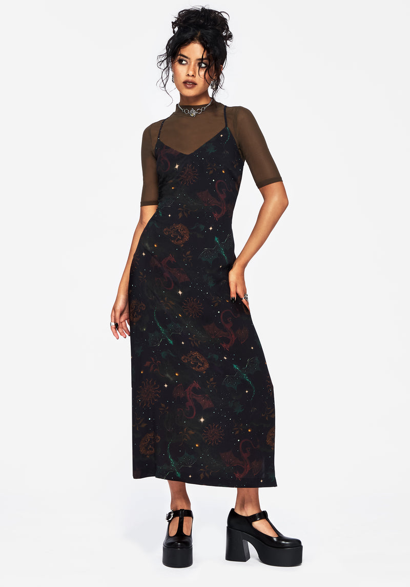 Phoenix Dragon Printed Cami Midi Dress