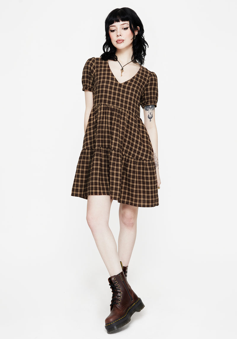 Terra Cotton Check Smock Mini Dress - Brown