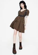 Terra Cotton Check Smock Mini Dress - Brown